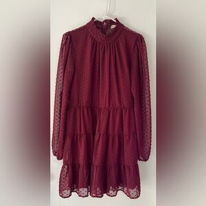 Burgundy Sheer Long Sleeve Dress